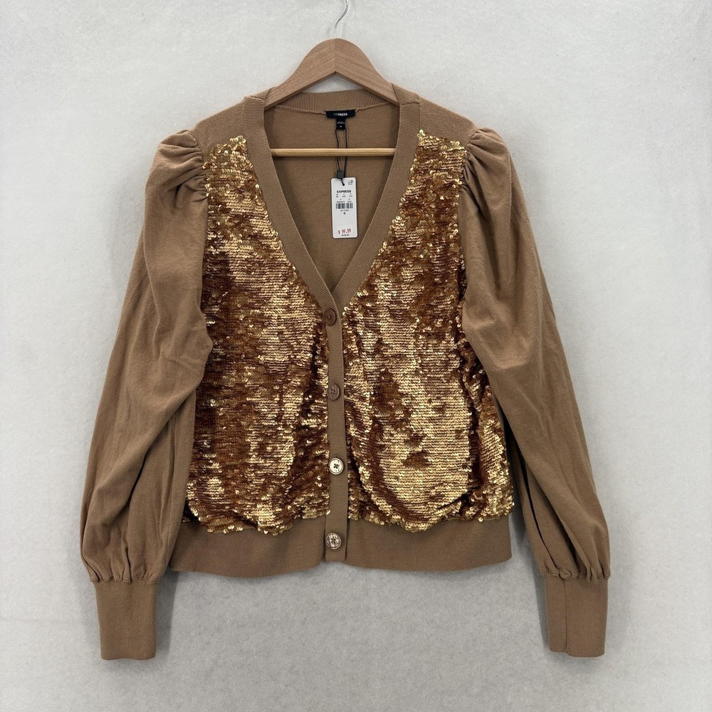 Express Cardigan Sweater Womens XL Brown Sequin V Neck Puff Sleeve Party NWT